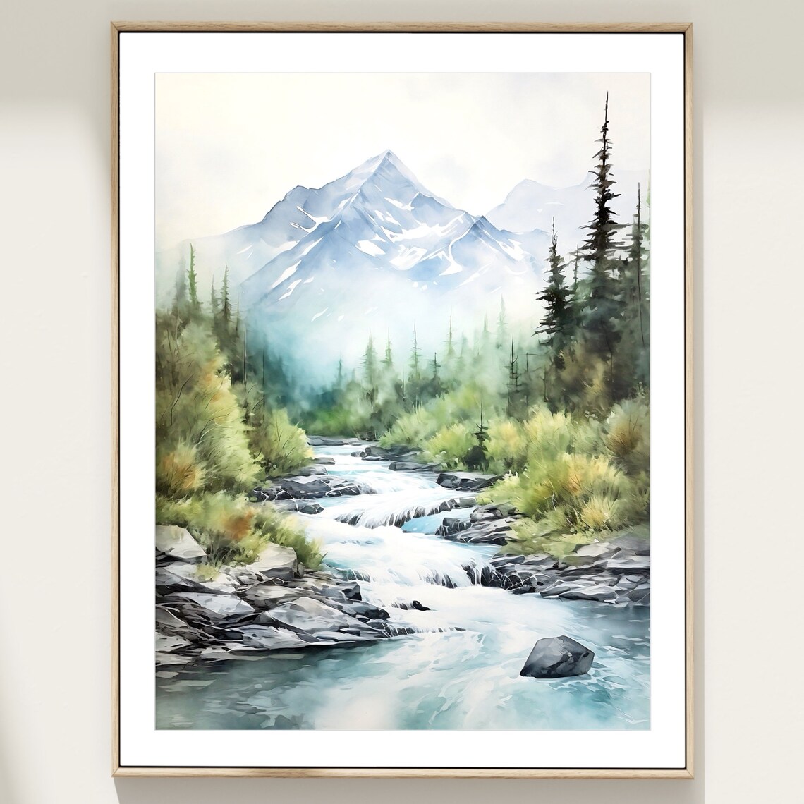 Mountain River Watercolor, Pine Tree Landscape Art Print - Image 3