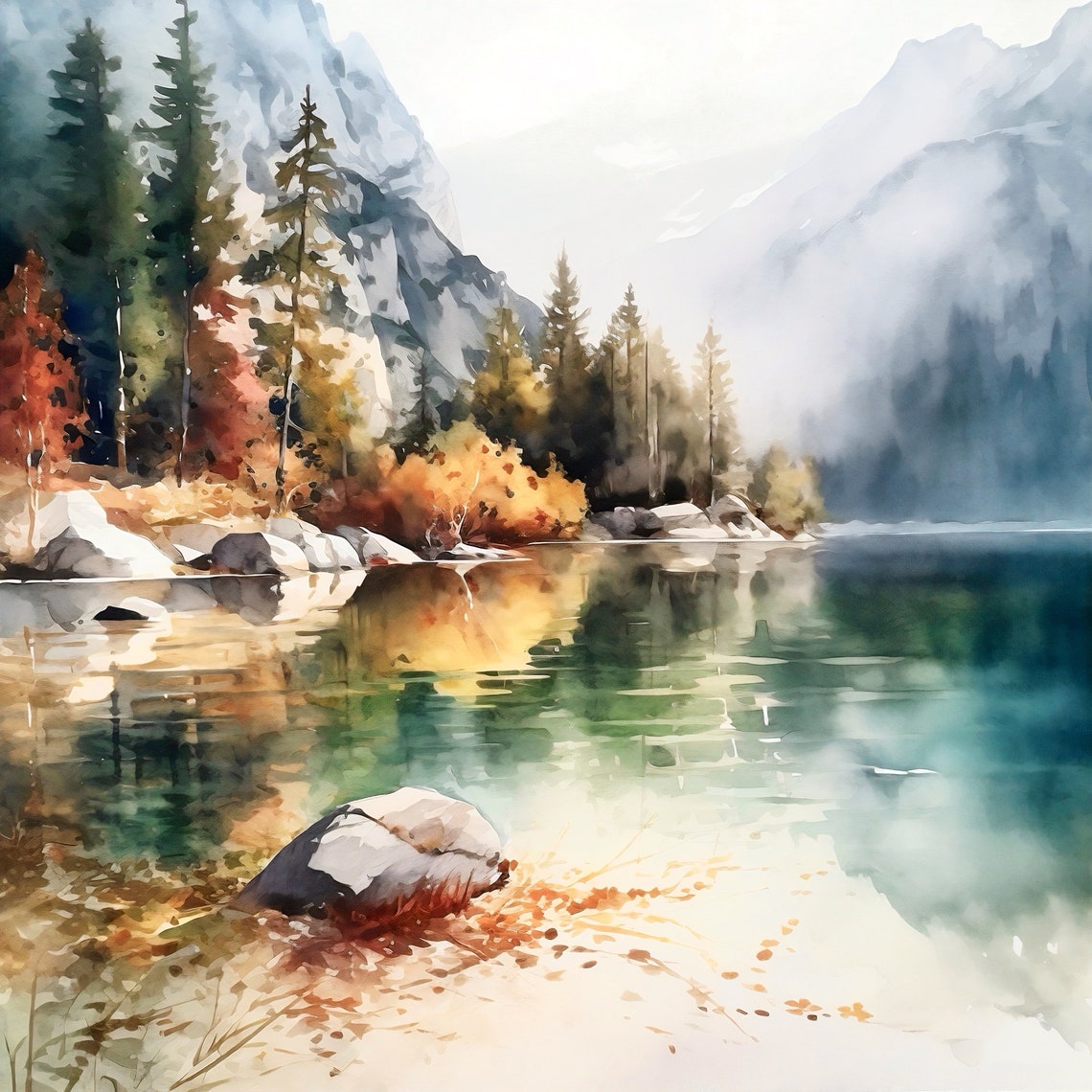 Mountain Lake Print Mountain Wall Art Abstract Landscape Nature Art Print Modern Minimal Wall Art Pine Forest Art Home Decor Gift Art