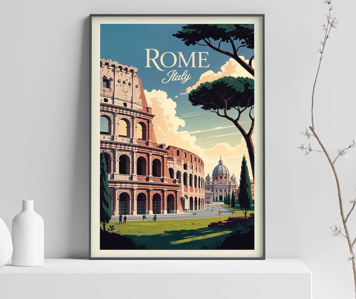 Rome Italy Colosseum St Peters Dome Daytime Vintage Travel Poster