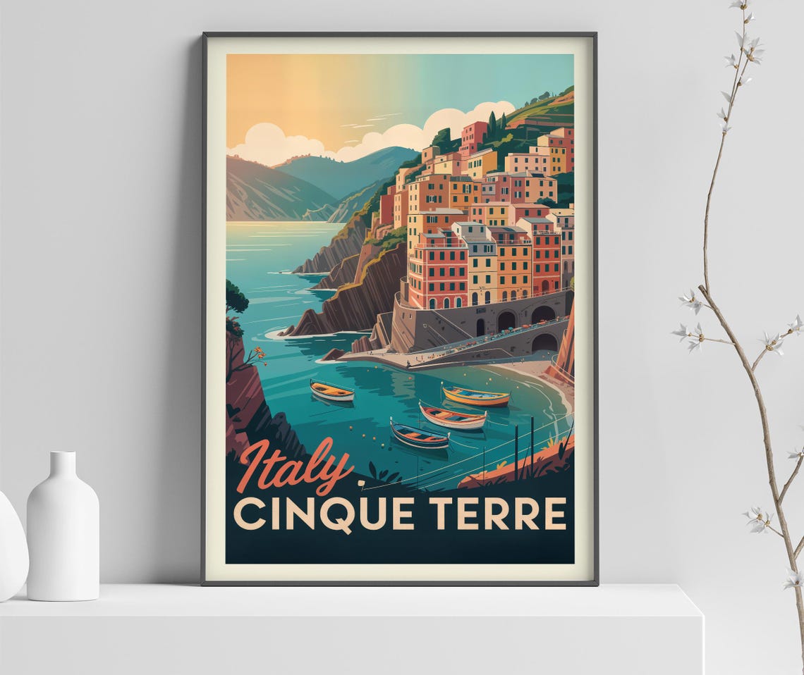 Italy Cinque Terre Colorful Cliffside Village Harbor Travel Poster
