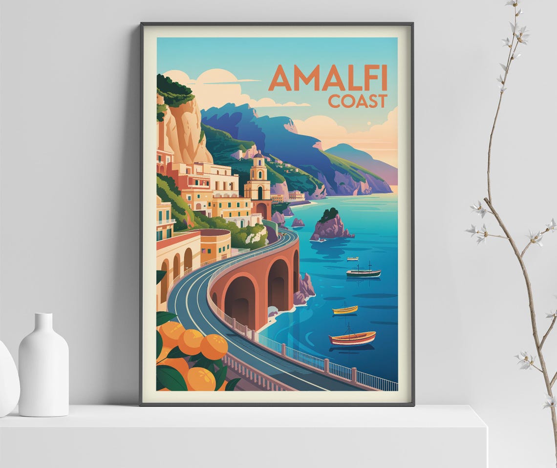 Amalfi Coast Coastal Road Bridge Cliffside Village Travel Poster