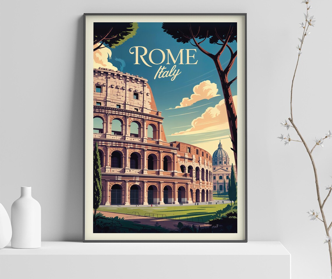 Rome Italy Colosseum Stone Pine Daylight Historic Travel Poster