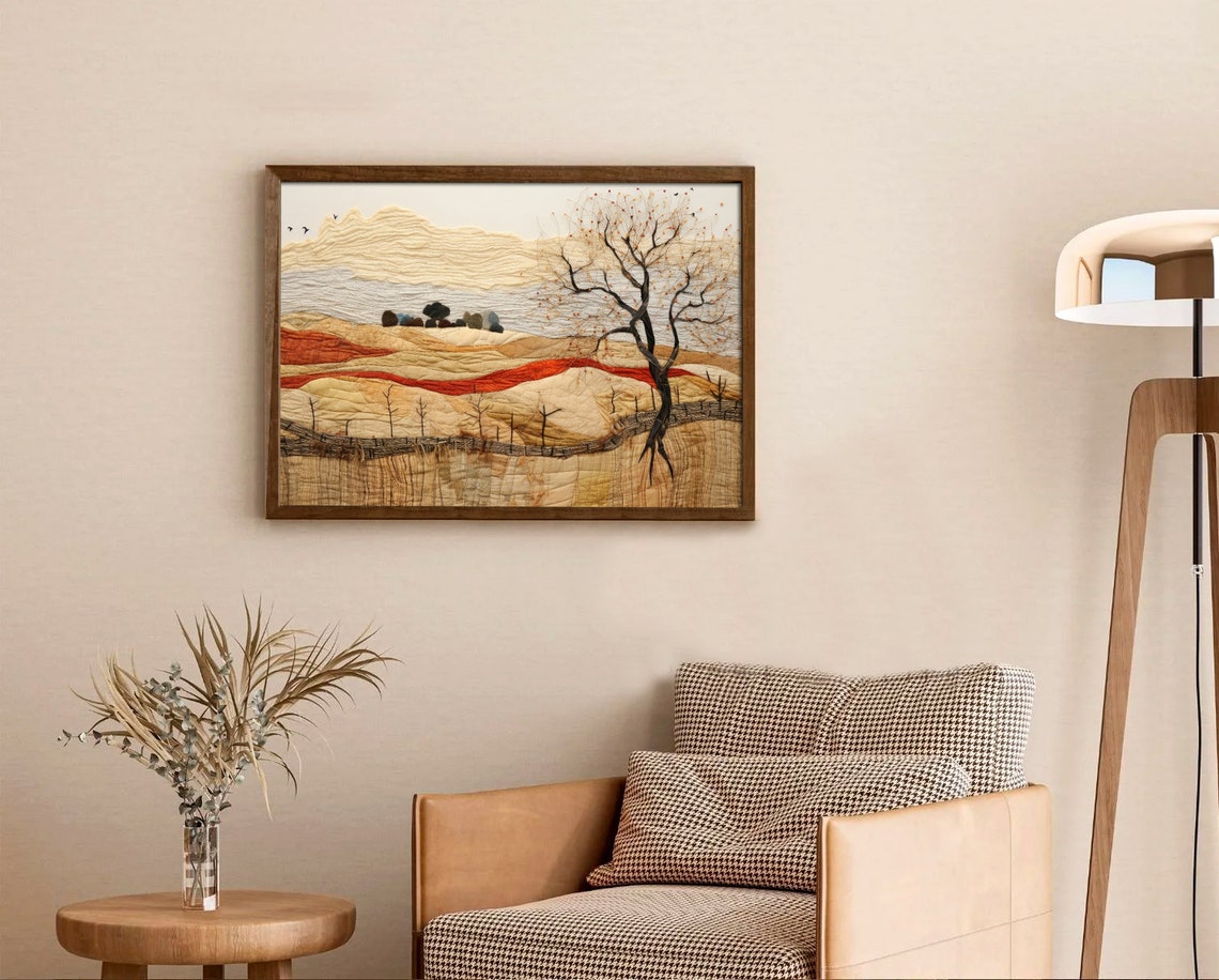 Quilted Textile Rolling Hills Landscape with Lone Bare Tree Poster - Image 4