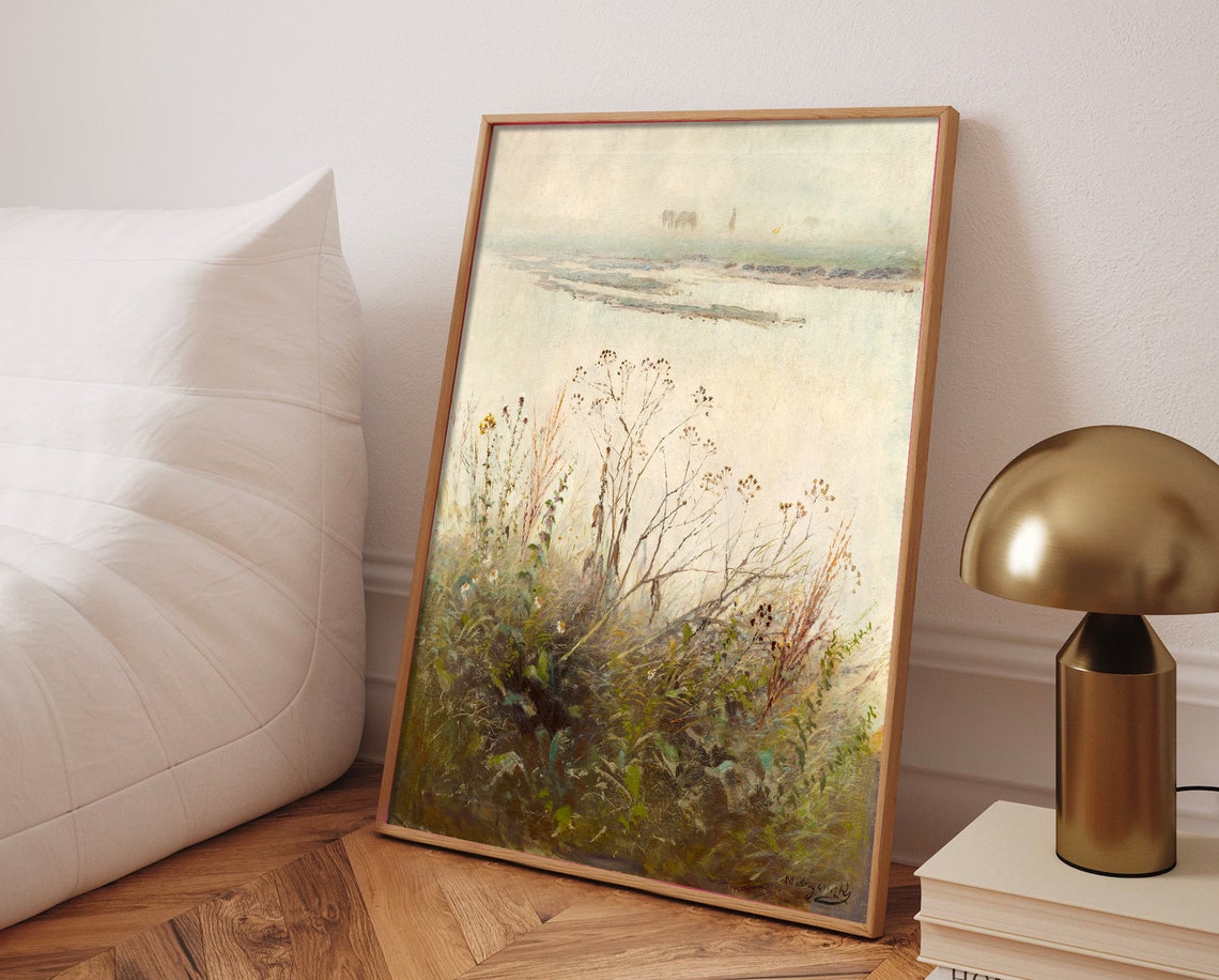 Hazy Lakeside Wild Plants Minimalist Vintage Landscape Painting Poster - Image 3