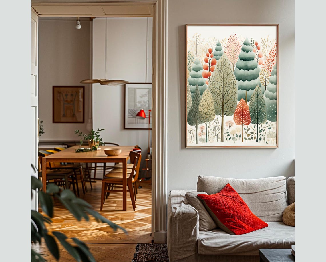 Whimsical Watercolor Forest with Colorful Stylized Trees Poster - Image 2