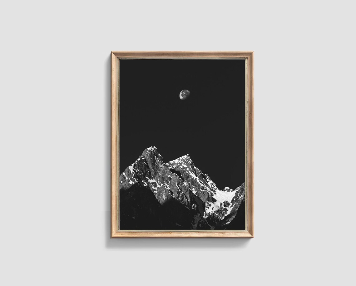 Mountain And Moon Wall Art Prints Neutral Night Moon Poster Moonlight Reflecting On The Mountains Modern Minimalist Wall Art - Image 2