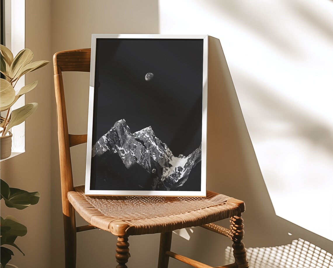 Full Moon Snow Mountain Peaks Black Night Sky Photo Art Poster - Image 3