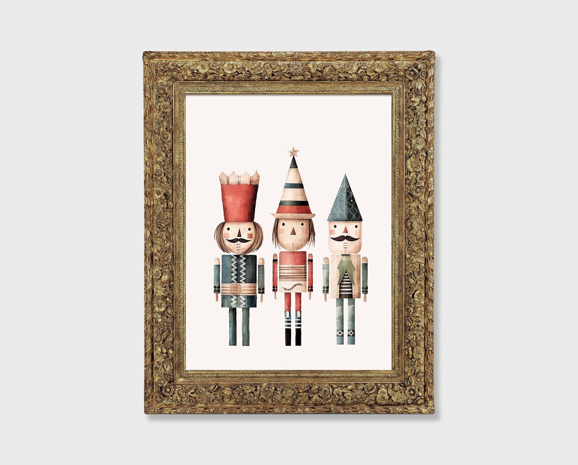 Trio of Watercolor Christmas Nutcrackers Scandinavian Poster - Image 3