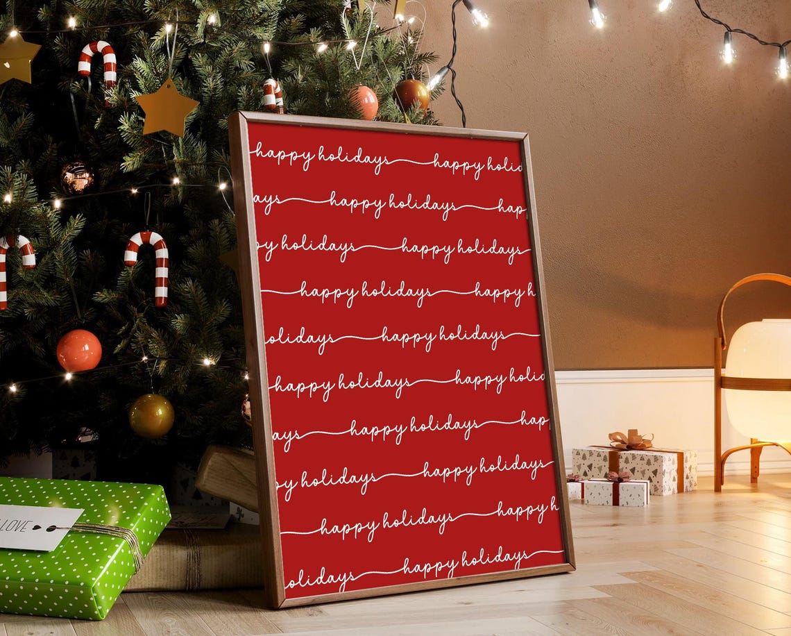 Happy Holidays Script Pattern on Crimson Red Christmas Poster - Image 4