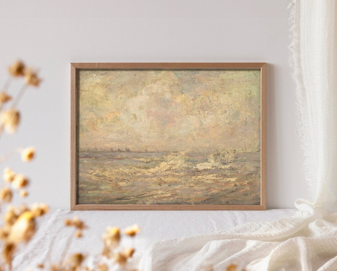 Hazy Pastel Seascape with Distant Sailboats Vintage Oil Poster - Image 4