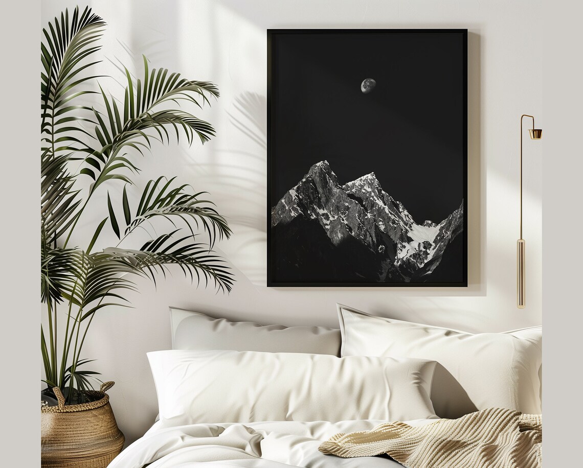 Mountain And Moon Wall Art Prints Neutral Night Moon Poster Moonlight Reflecting On The Mountains Modern Minimalist Wall Art - Image 4