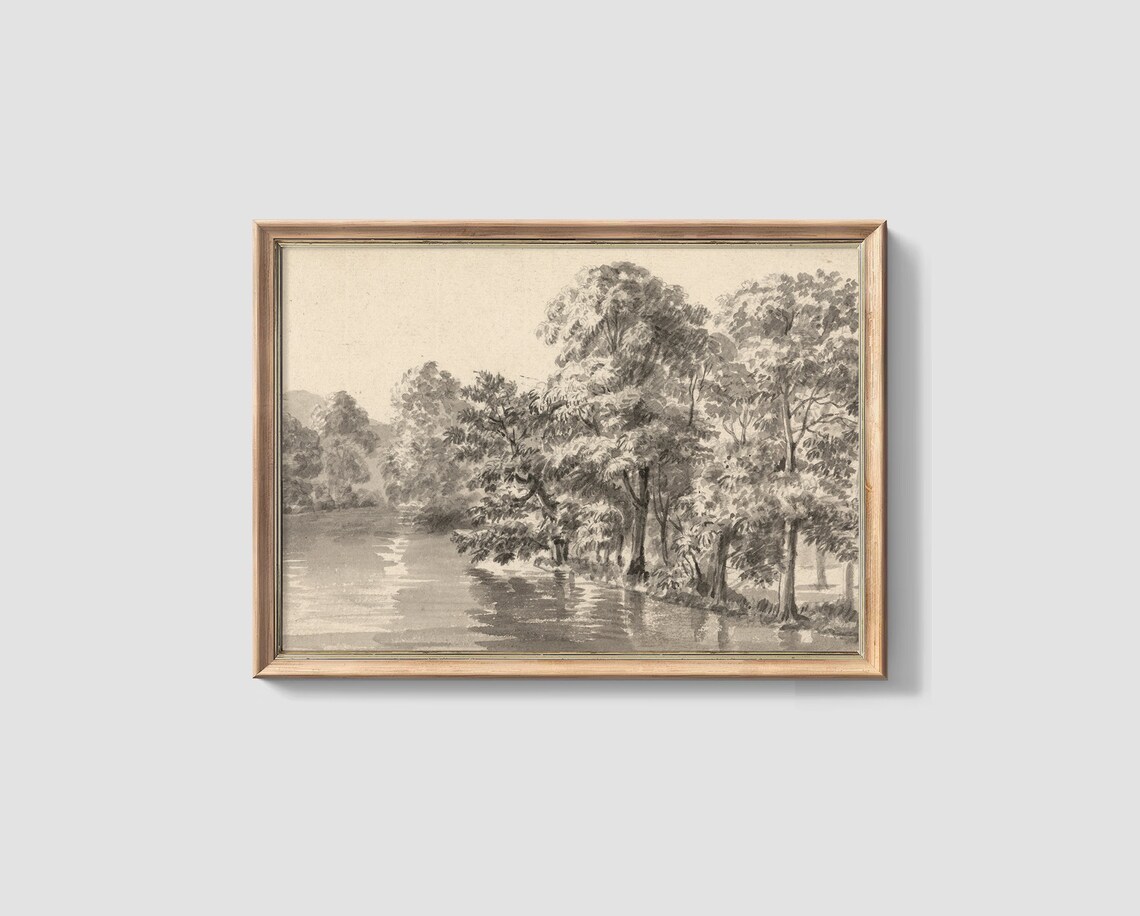 Sepia Trees By The Lake Vintage Pencil Sketch Nature Art Poster - Image 2