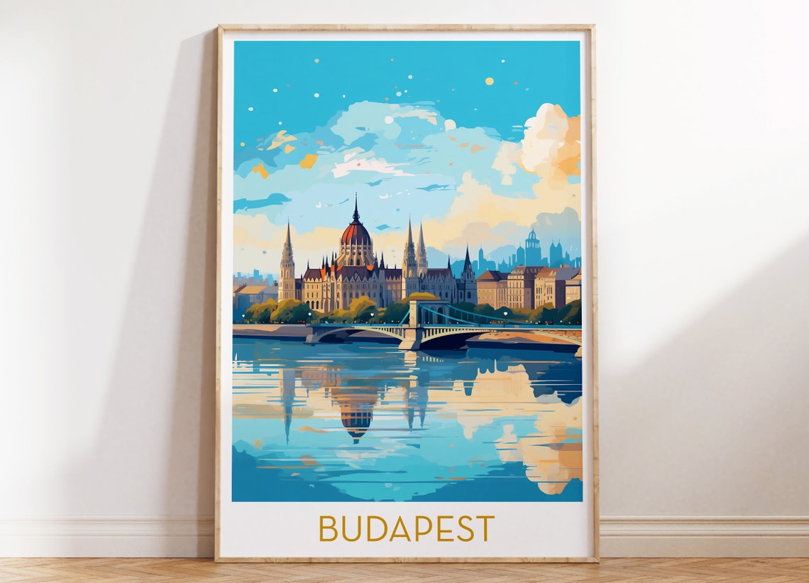 Budapest Parliament Building Danube River Bridge Travel Poster