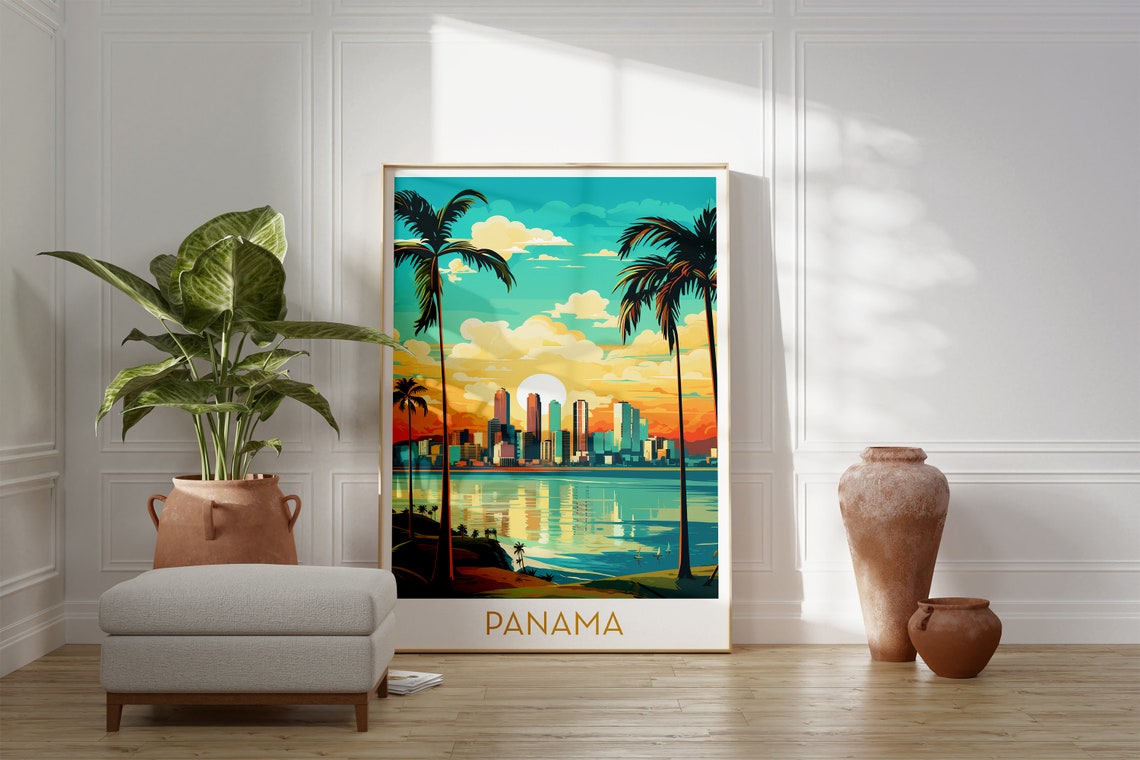 Panama City Skyline Sunset Palms Colorful Pop Art Travel Poster - Image 2