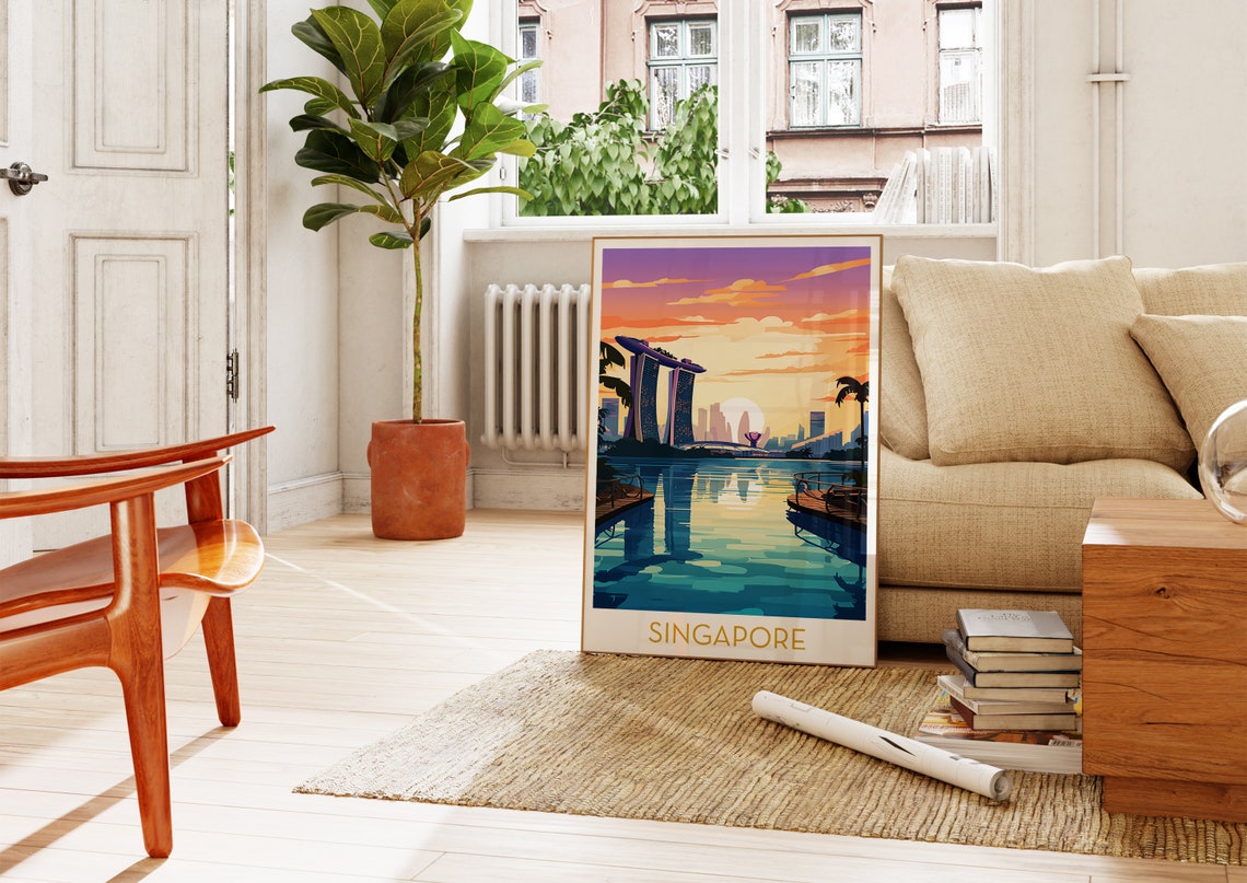 Singapore Marina Bay Sands Sunset Illustration Travel Poster - Image 4