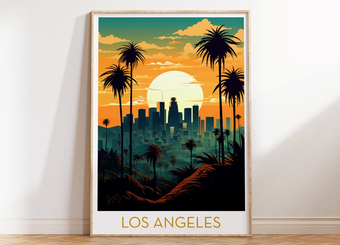 Los Angeles Golden Sunset Palms Retro Skyline Illustration Poster