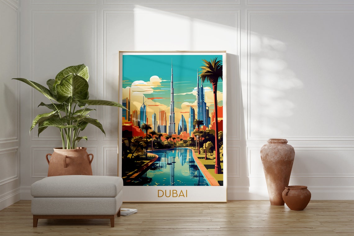Dubai Skyline Palm Trees Marina Reflection UAE Travel Poster - Image 2