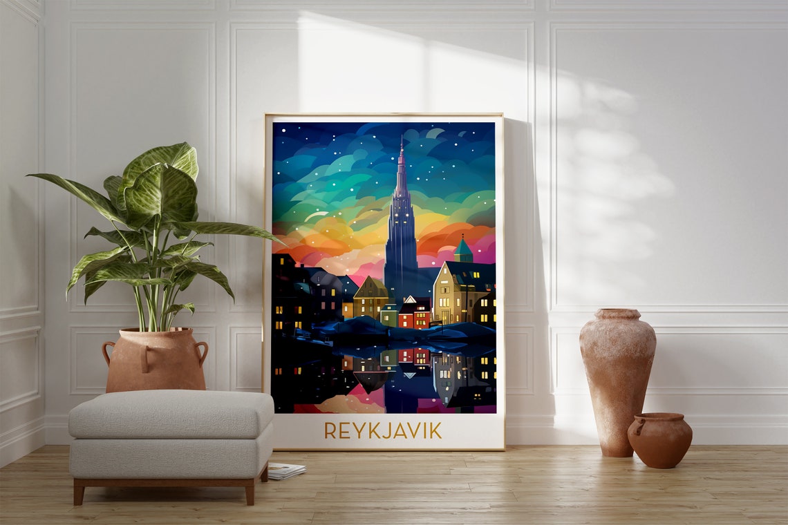 Reykjavik Iceland Starry Night Skyline Colorful Pop Art Travel Poster - Image 2