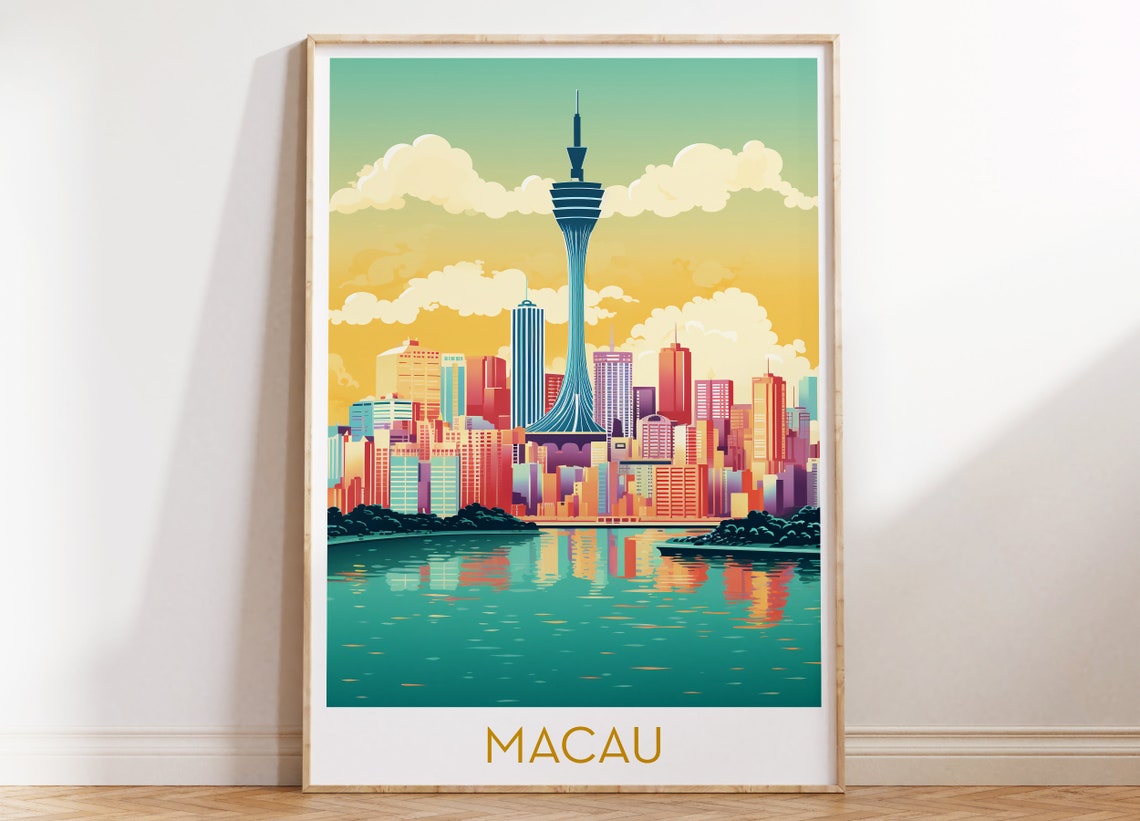 Macau Tower Sunset Skyline Retro Pop Art China Travel Poster