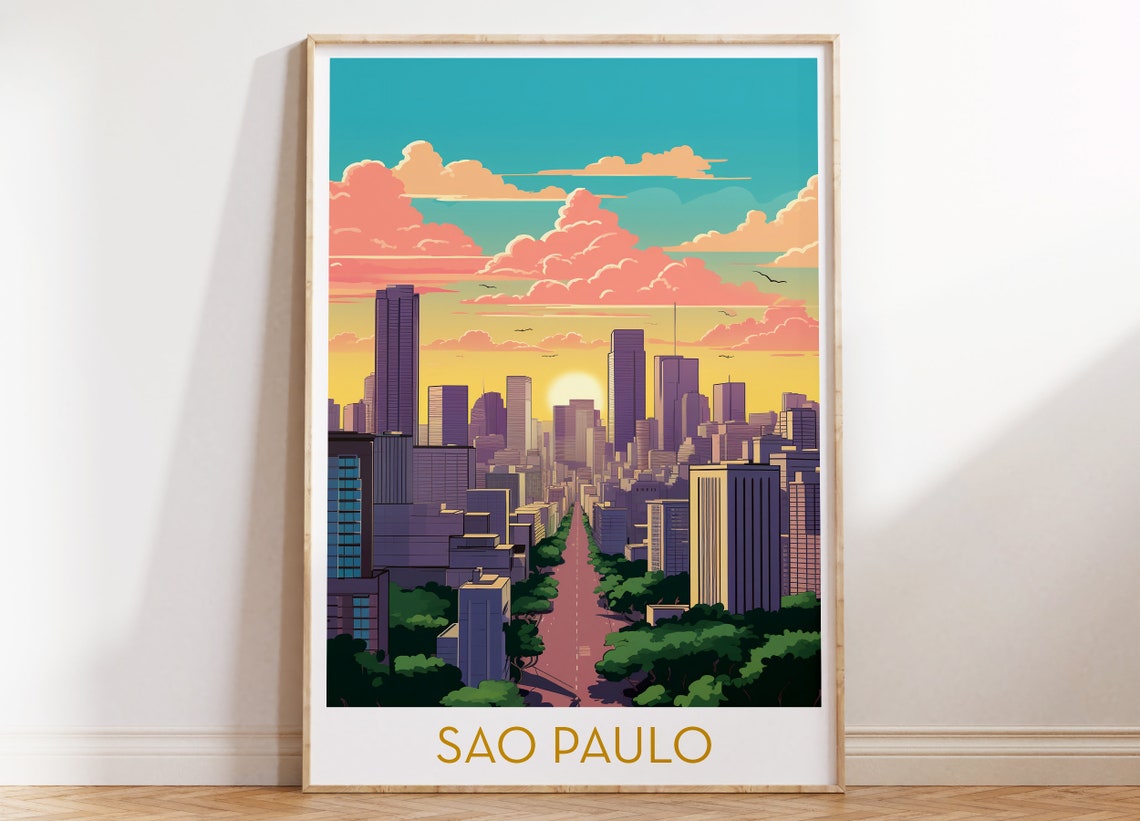 Sao Paulo Brazil Skyline Poster with Paulista Avenue Sunset Clouds