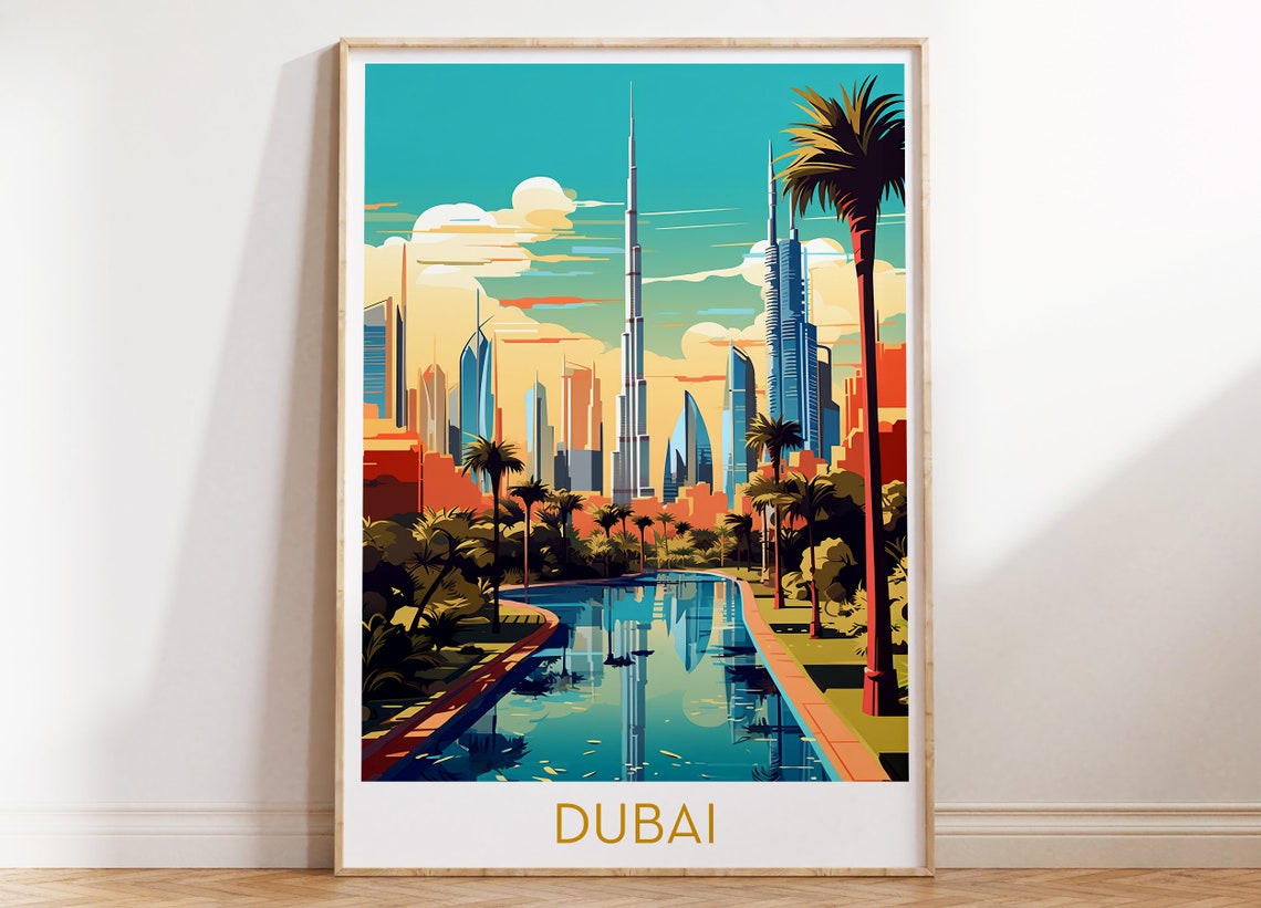 Dubai Skyline Palm Trees Marina Reflection UAE Travel Poster