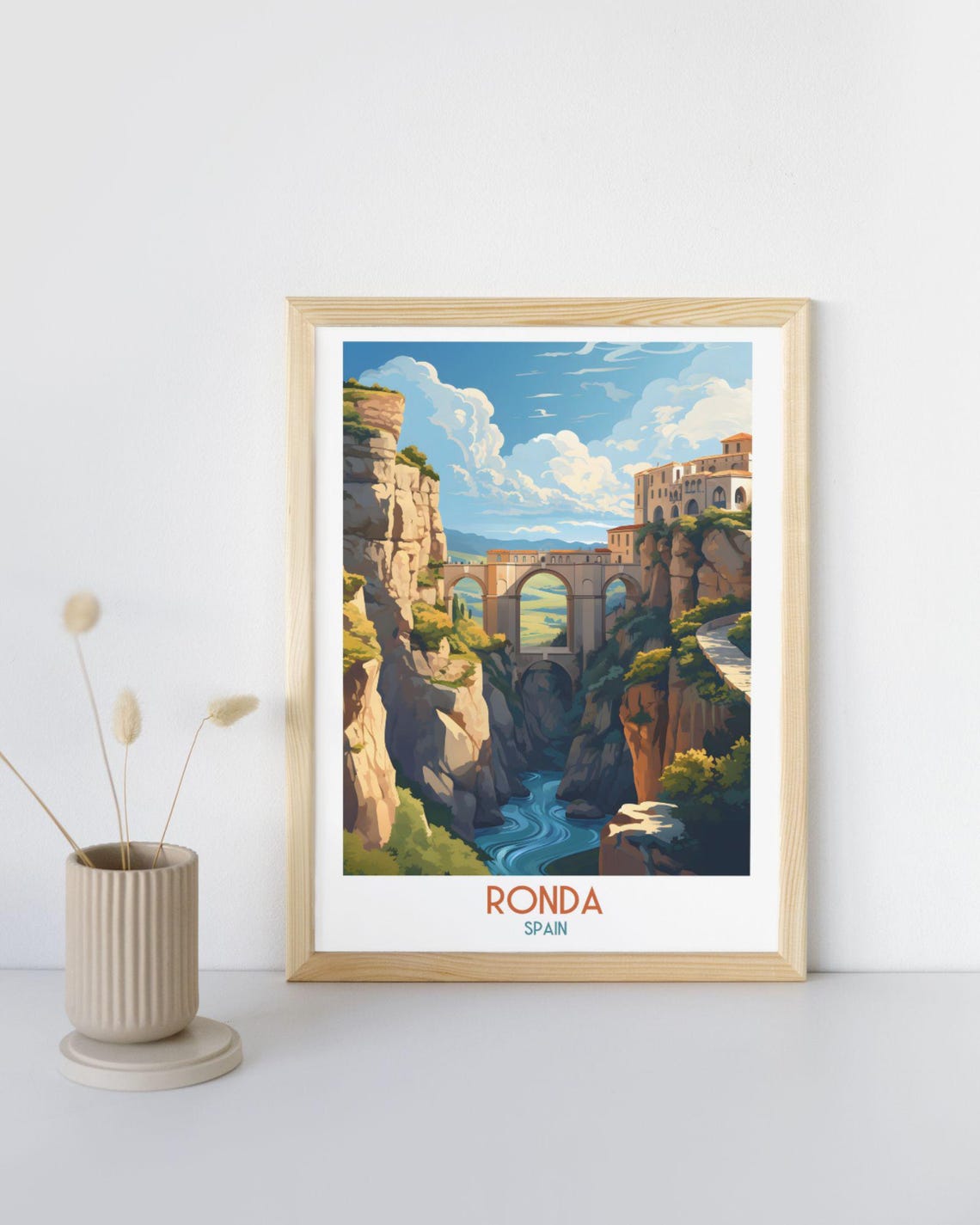 Ronda Spain Gorge Bridge and Winding River Below Travel Art Print