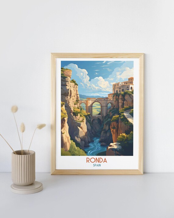 Ronda Spain Gorge Bridge and Winding River Below Travel Art Print
