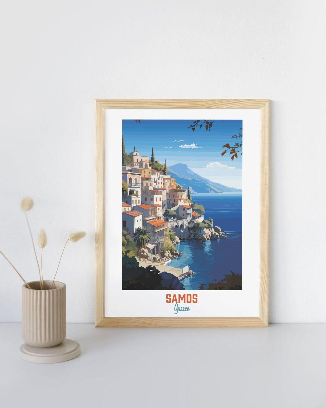 Samos Greece Coastal Town Red Roofs Deep Blue Aegean Sea Travel Poster