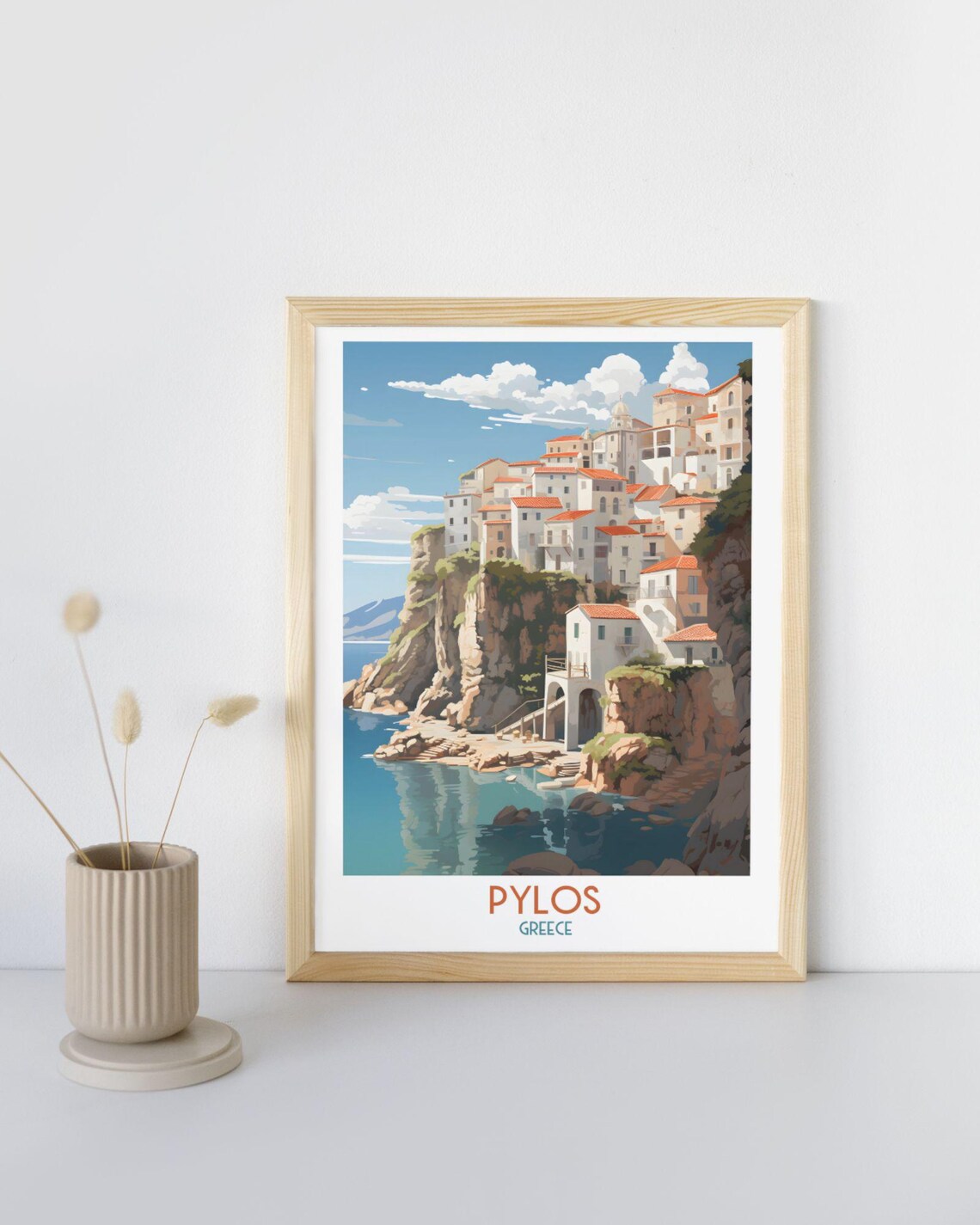 Pylos Greece Whitewashed Houses on Cliffs Above the Sea Travel Print