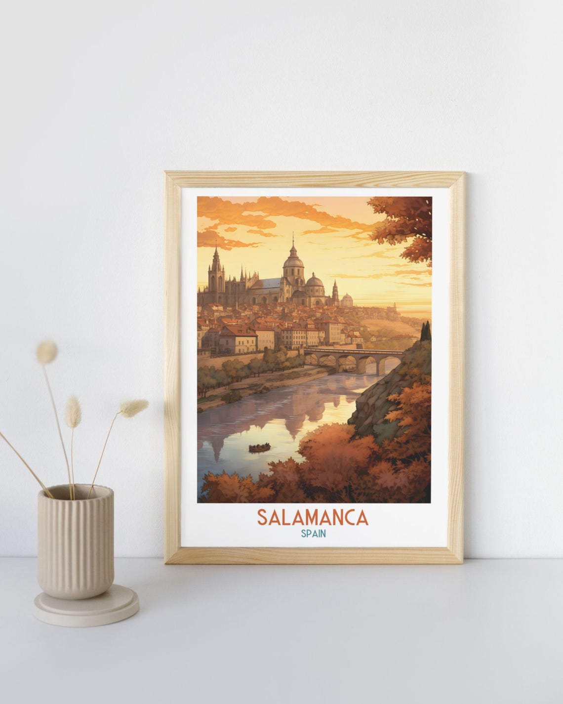 Salamanca Spain Sunset River Bridge and Cathedral Travel Art Print