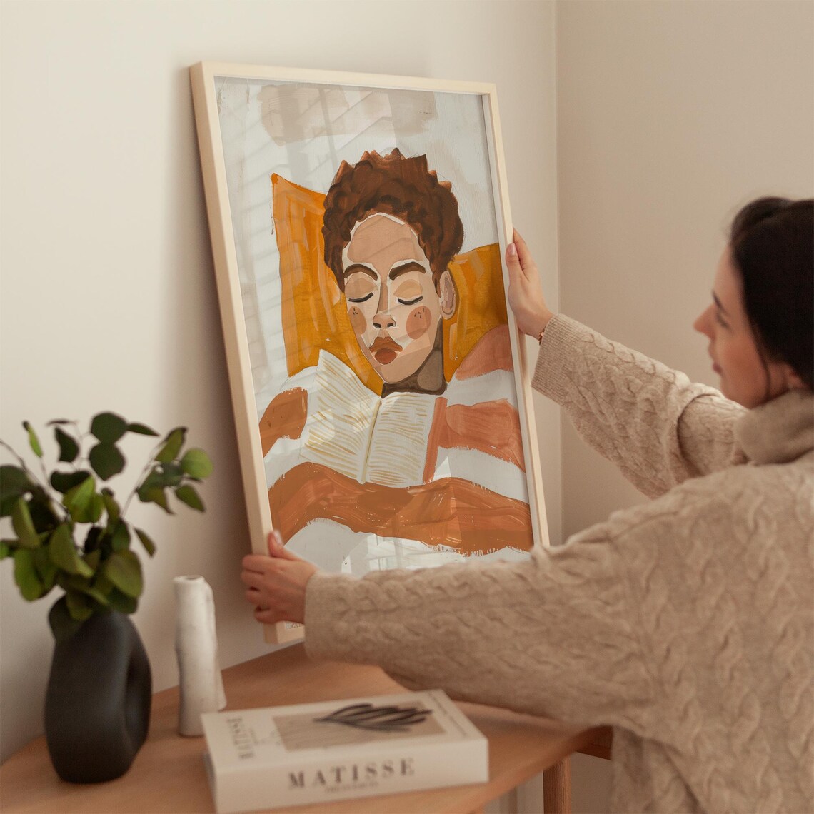 Woman Reading in Bed Warm Terracotta Striped Blanket Portrait Poster - Image 2