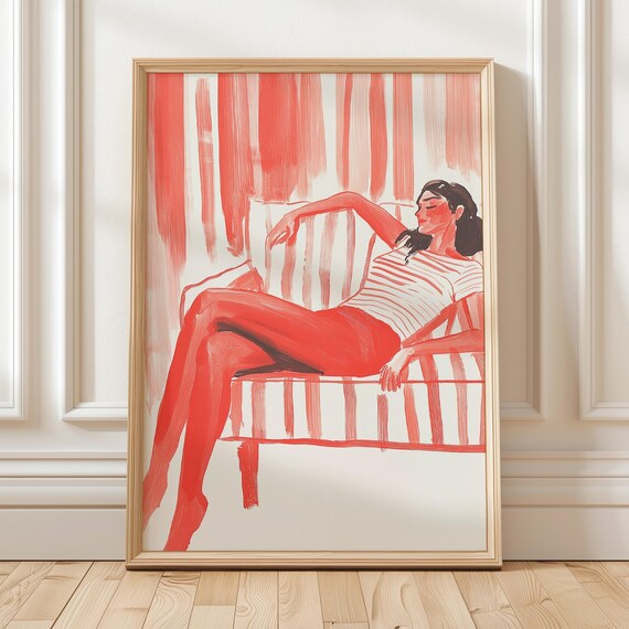 Relaxed Lounging Woman in Red Dress on Striped Sofa Art Poster