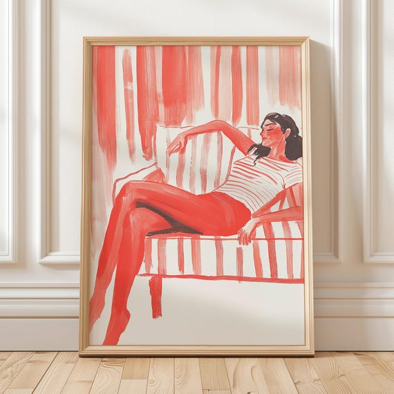 Relaxing Woman Wall Art Bold Red Abstract Print Modern Minimalist Home Decor Striped Couch Illustration