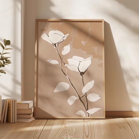White Rose Blooms Tall Stem Blush Beige Minimal Floral Wall Art