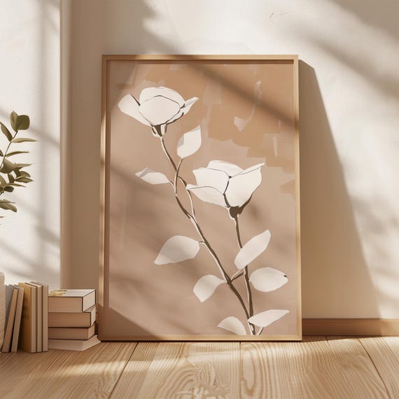 White Rose Print Minimalist Floral Wall Art Beige Botanical Poster Elegant Flower Illustration Neutral Modern Artwork