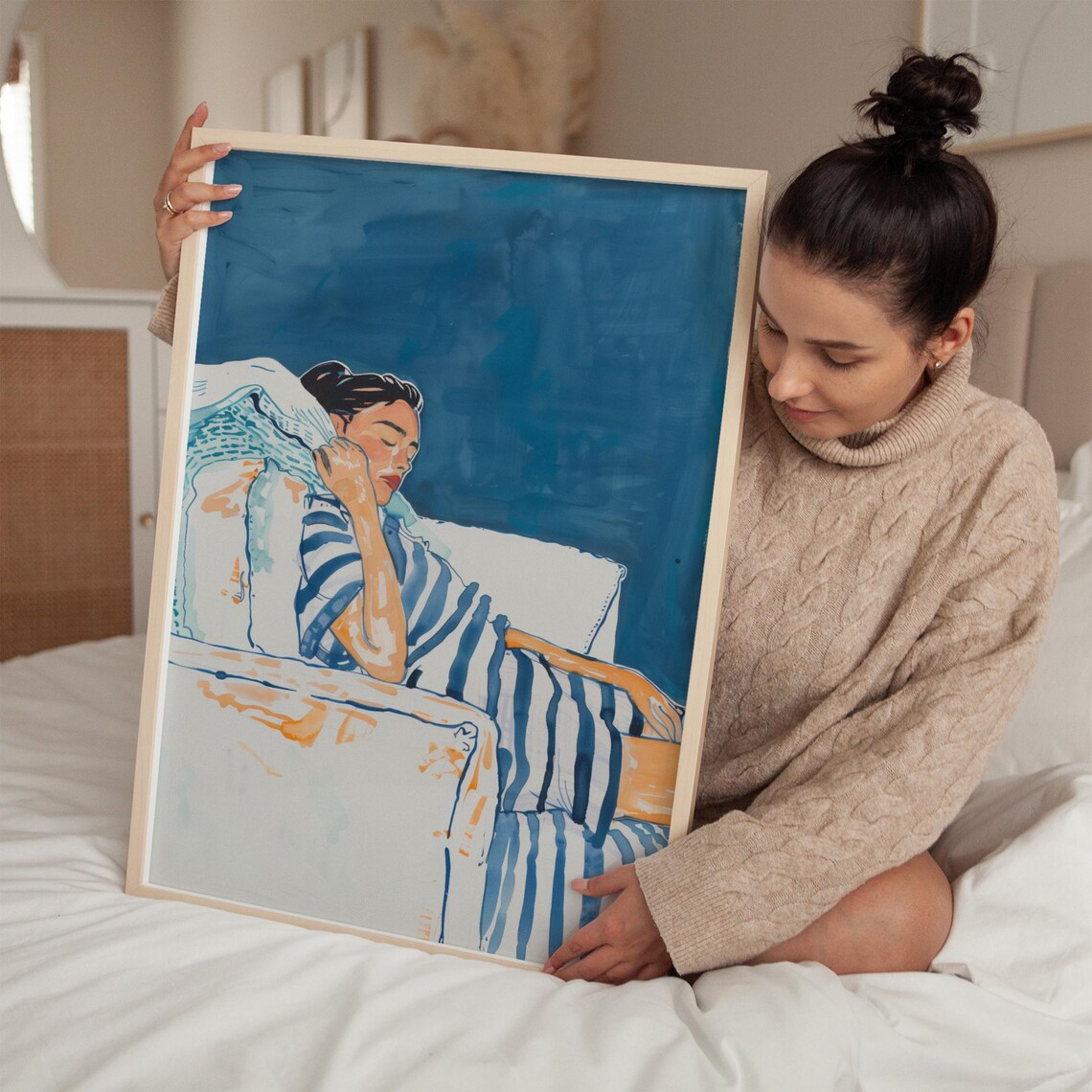 Blue Watercolor Portrait Of Reclining Woman With Stripes Poster - Image 2