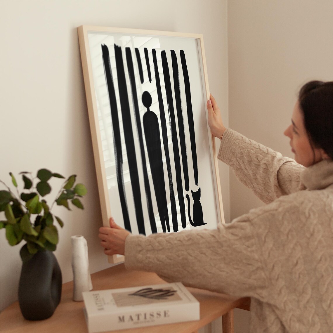 Tall Striped Figure Standing With Small Black Cat Art Poster - Image 3