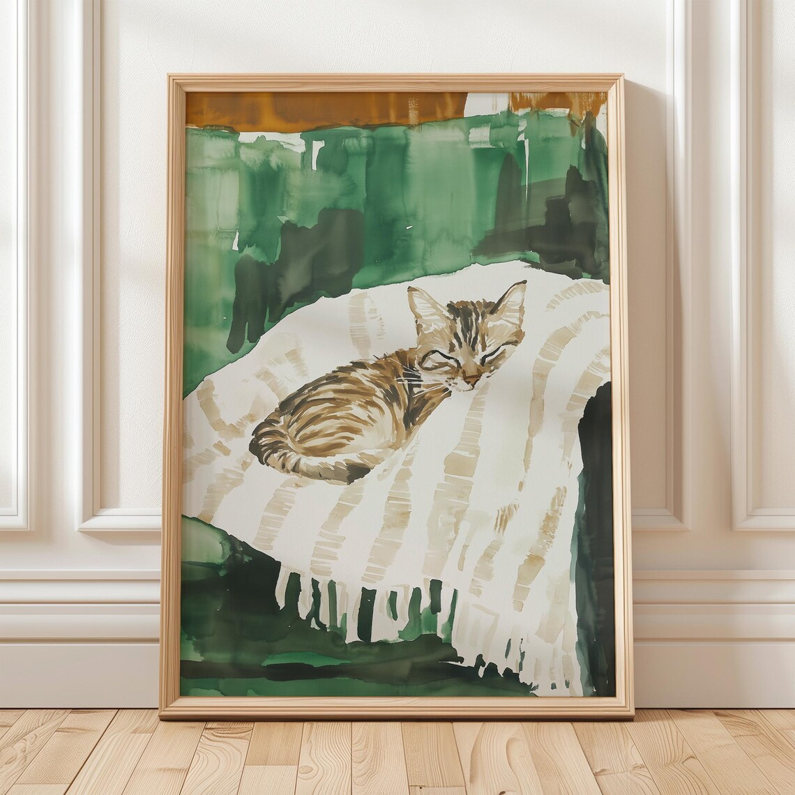 Sleeping Kitten Art Print, Emerald Green Cat Portrait