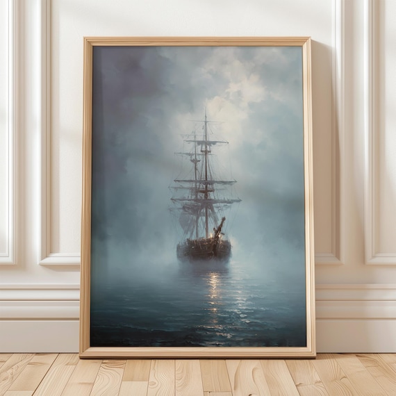 Ship In Mist Mysterious Pirate Sailing Vessel Wall Art Nautical Ocean Painting For Coastal And Gothic Home Decor