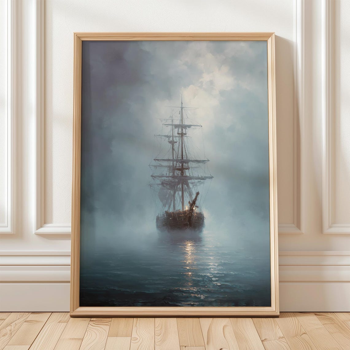 Ship In Mist Mysterious Pirate Sailing Vessel Wall Art Nautical Ocean Painting For Coastal And Gothic Home Decor