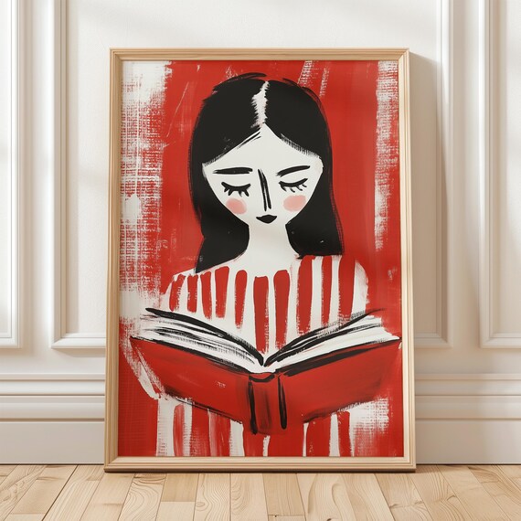 Woman Reading With Red Book, Minimalist Art Print