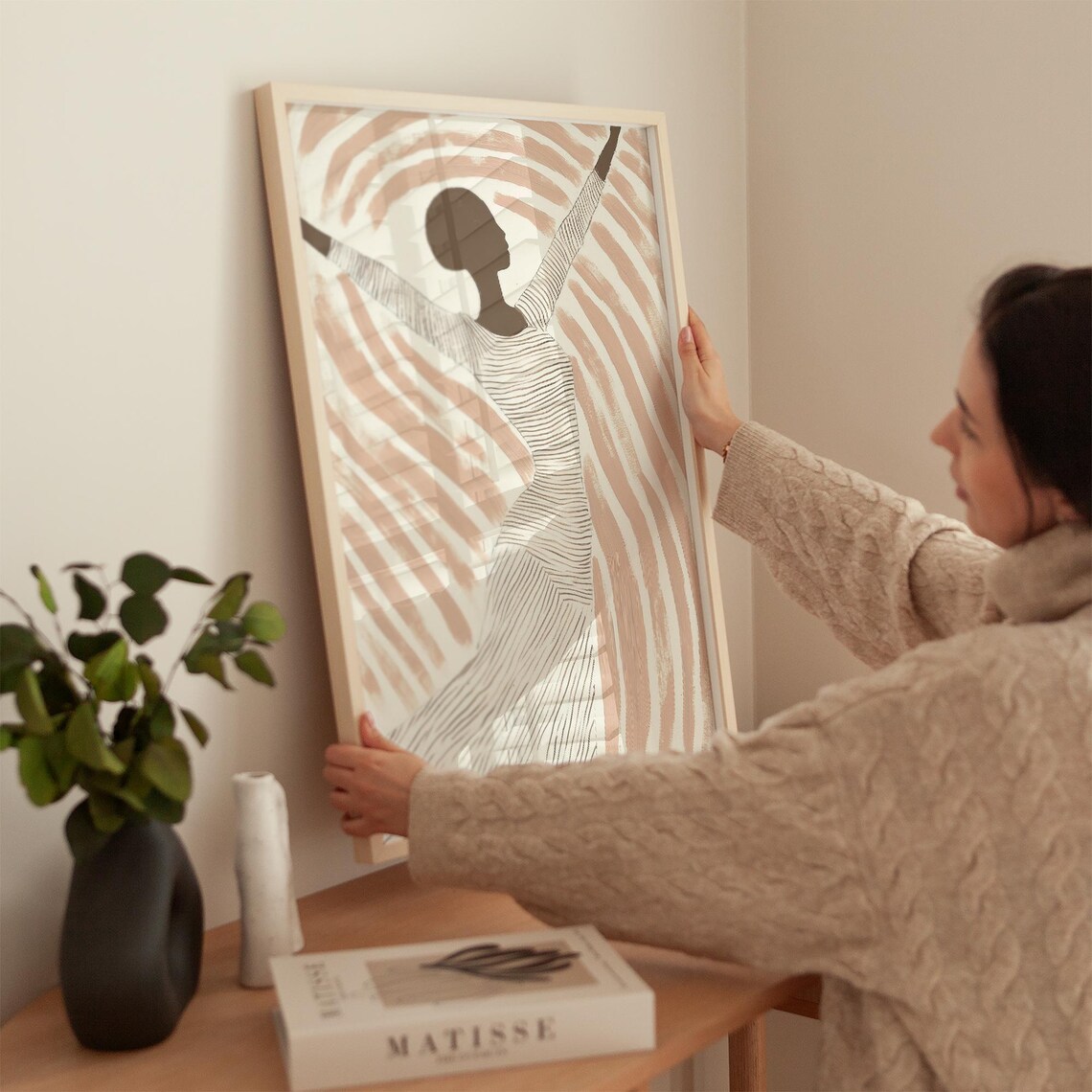 Joyful Dancing Woman in Beige Stripes Expressive Abstract Poster - Image 2