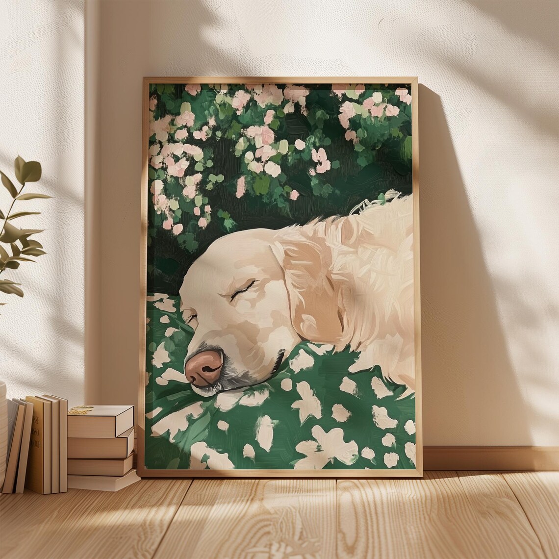 Golden Retriever Sleeping Art Print, Floral Portrait