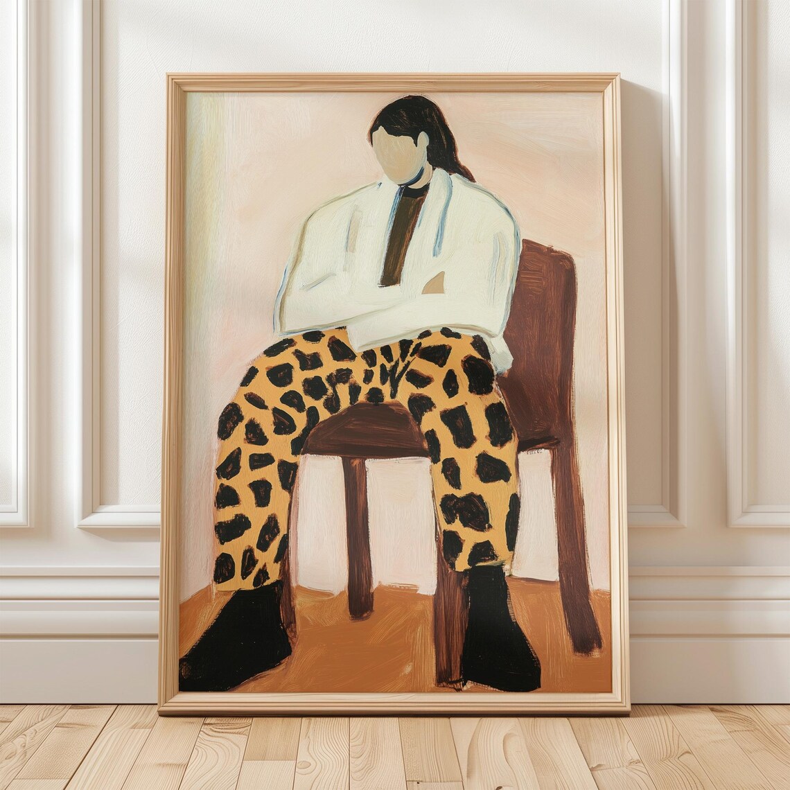 Seated Woman in Leopard Pants White Jacket Neutral Art Poster - Image 4