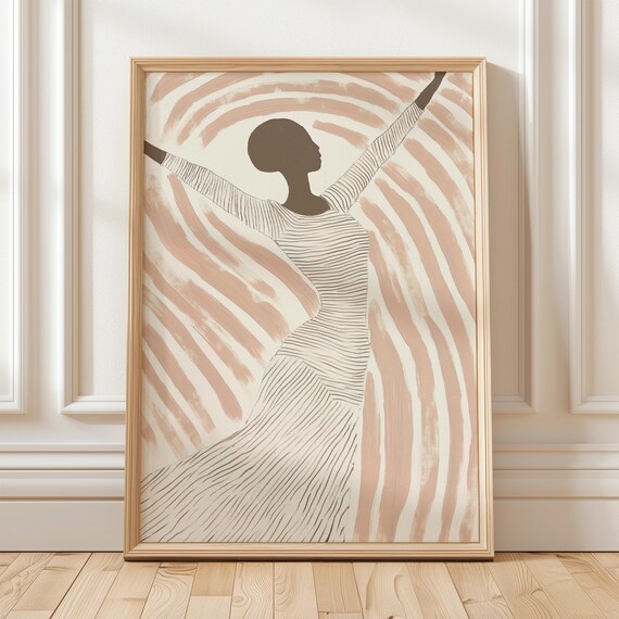 Joyful Dancing Woman in Beige Stripes Expressive Abstract Poster