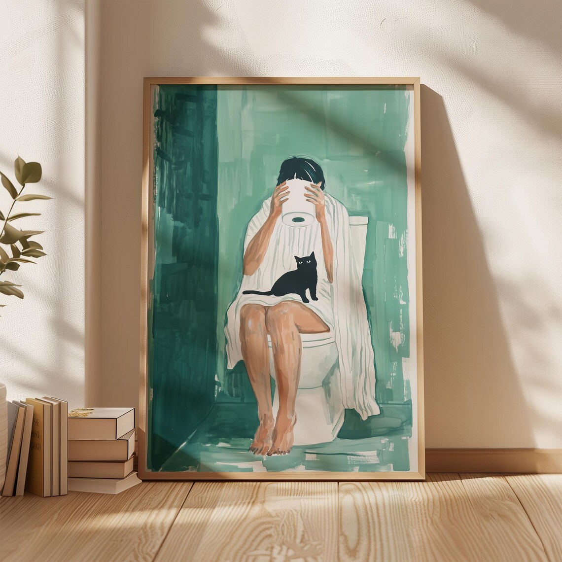 Woman Drinking Coffee with Black Cat on Toilet Teal Bathroom Poster - Image 5