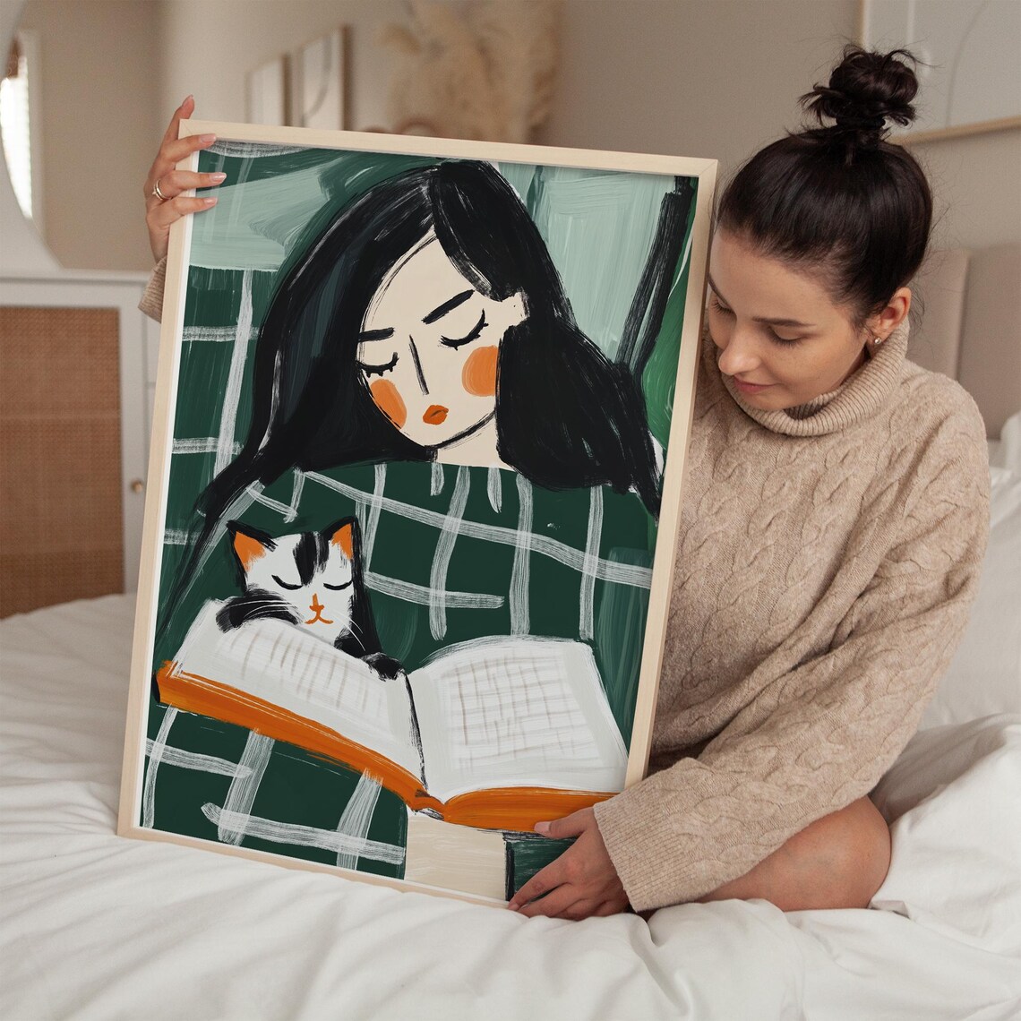 Woman Reading with Calico Cat Cozy Book Lover Illustration Poster - Image 5