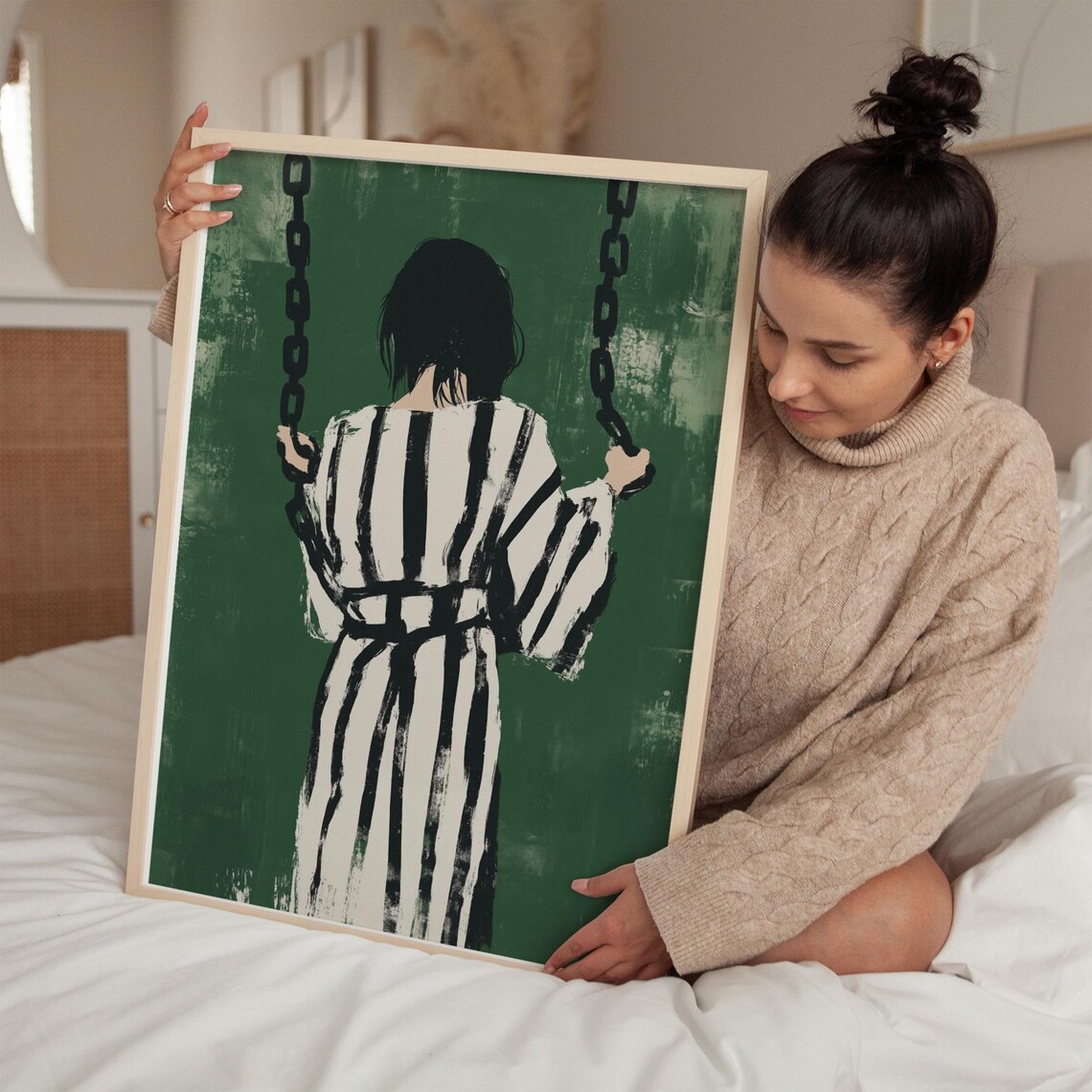 Woman On Swing In Stripes Emerald Green Abstract Portrait Poster - Image 5