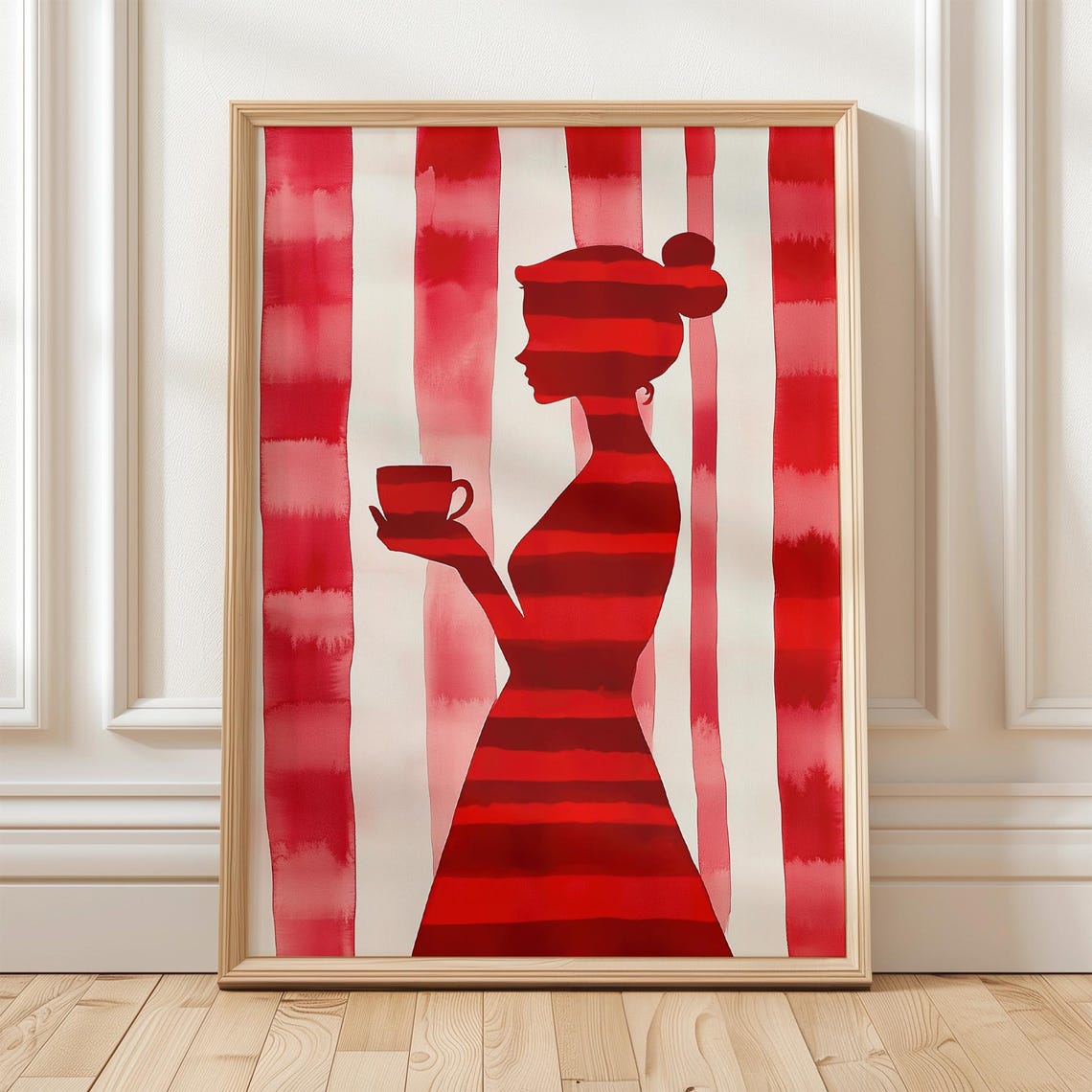 Red Striped Woman With Coffee Art Modern Abstract Print Bold Minimalist Wall Art Poster Contemporary Artwork