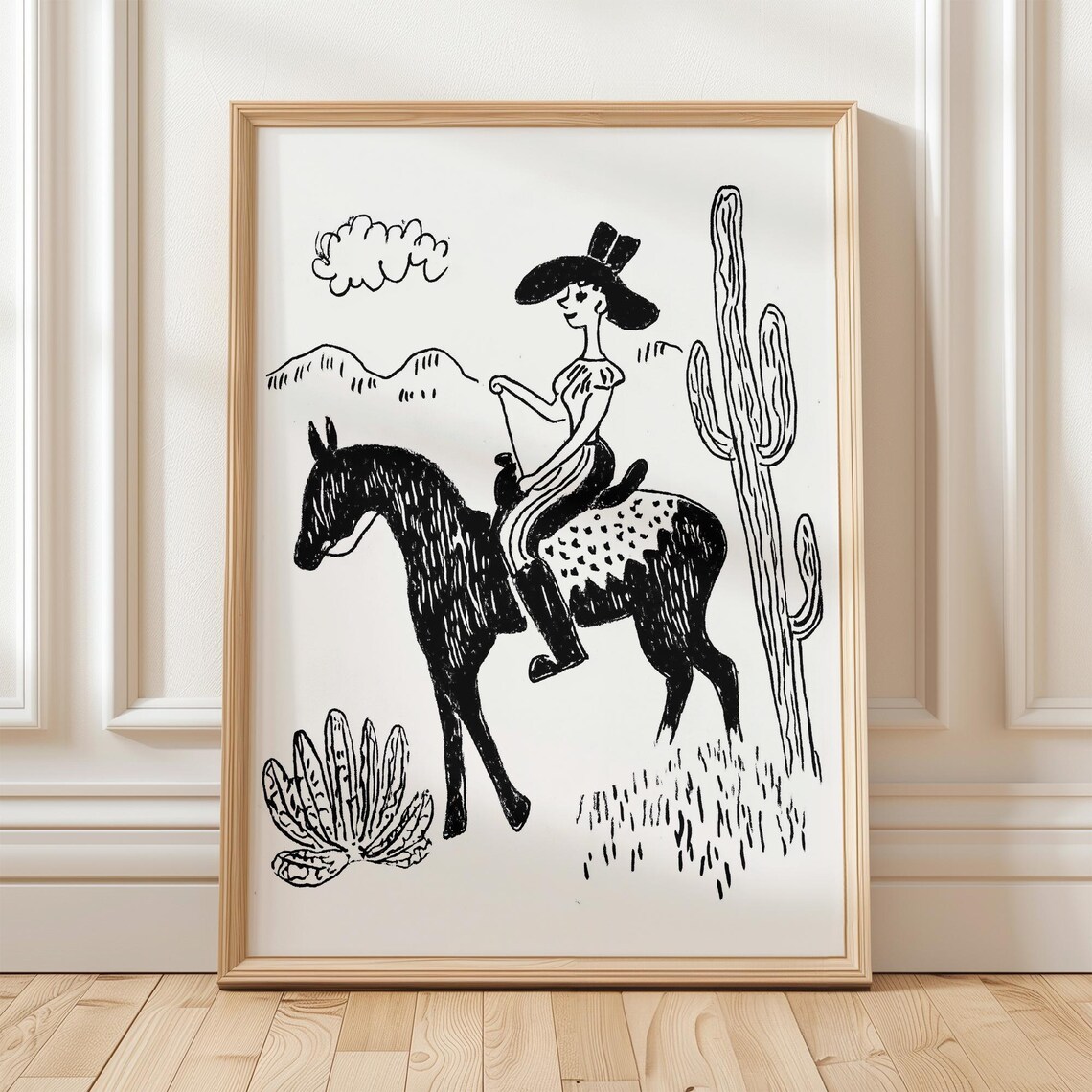 Cowgirl Riding Horse In Desert Black And White Western Line Art Poster